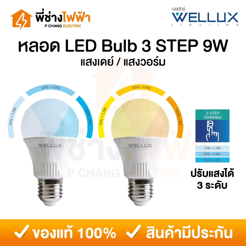 Wellux หลอดไฟ 3STEP LED 9W ขั้วE27 แสงเดย์ แสงวอร์ม ปรับระดับความสว่าง3ระดับ หลอดแอลอีดีเวลลักซ์
