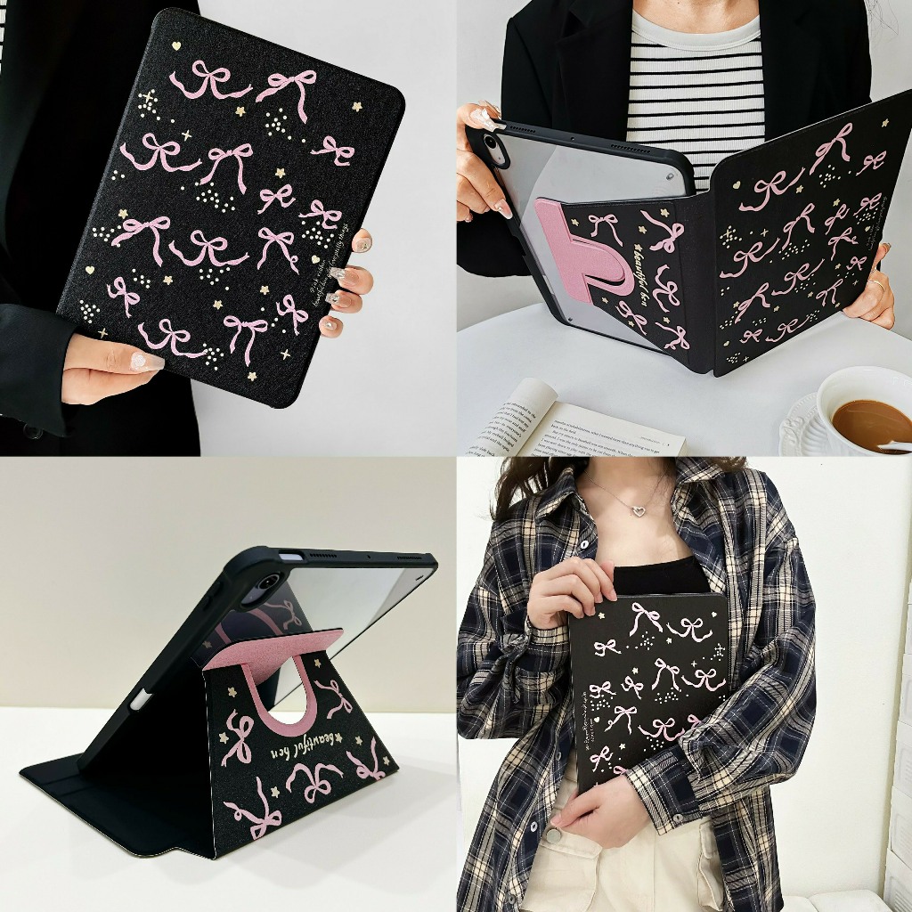 โบว์ดำ 360 เคสสำหรับไอเเพด แบบใส่ปากกาได้สำหรับรุ่นไอแพด10.9 Air1 Air2 Pro9.7 gen7 gen8 gen9 10.2 Air3 Air4 Air5