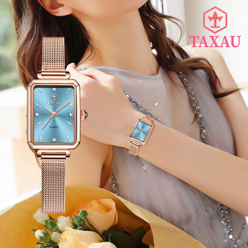 TAXAU นาฬิกาข้อมือผู้หญิง กันน้ำ 100% สง่างาม เล็ก นาฬิกาควอตซ์ สแตนเลส นาฬิกาผู้หญิง เข็มขัดตาข่าย แฟชั่น นาฬิกาข้อมือ