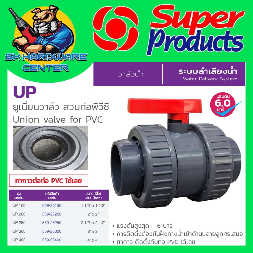 บอลวาล์วยูเนี่ยน ABS ชนิดสวมท่อ PVC มีขนาด 1.5 - 4 นิ้ว ยี่้ห้อ SUPER PRODUCT รุ่น UP