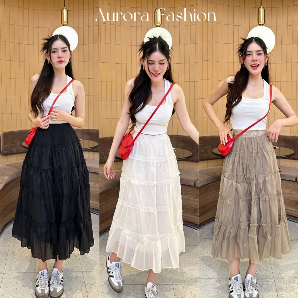 Aurora พร้อมส่ง กระโปรงยาว กระโปรงเอวสูง มีซับใน ชุดเดรสศิลปะชีฟองเนื้อแข็ง 7313