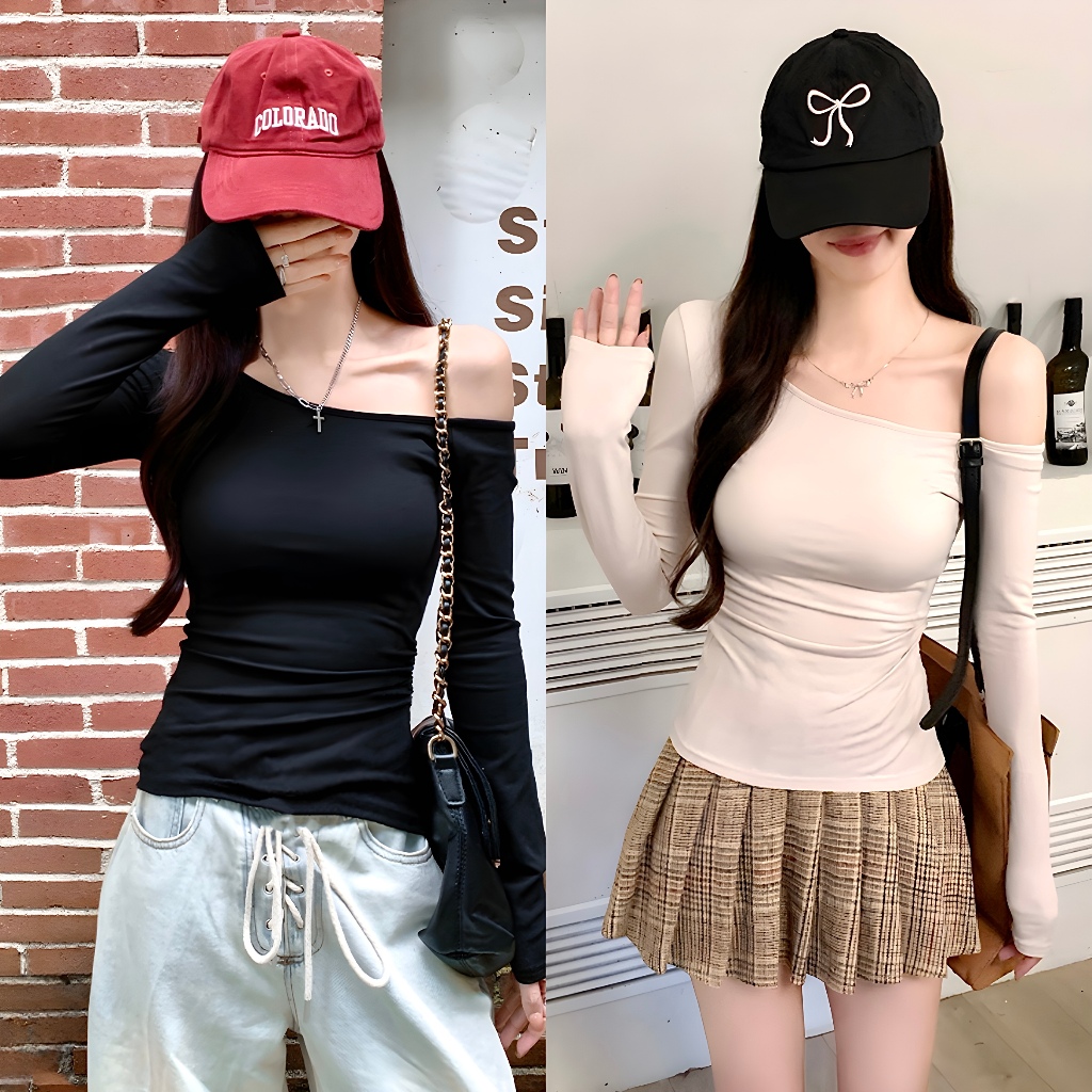 เสื้อยืดเเขนยาว เสื้อยืดผู้หญิง เข้ากับทุกสไตล์  ดูไฮโซ ผ้ายืดได้ สีพื้น #020276