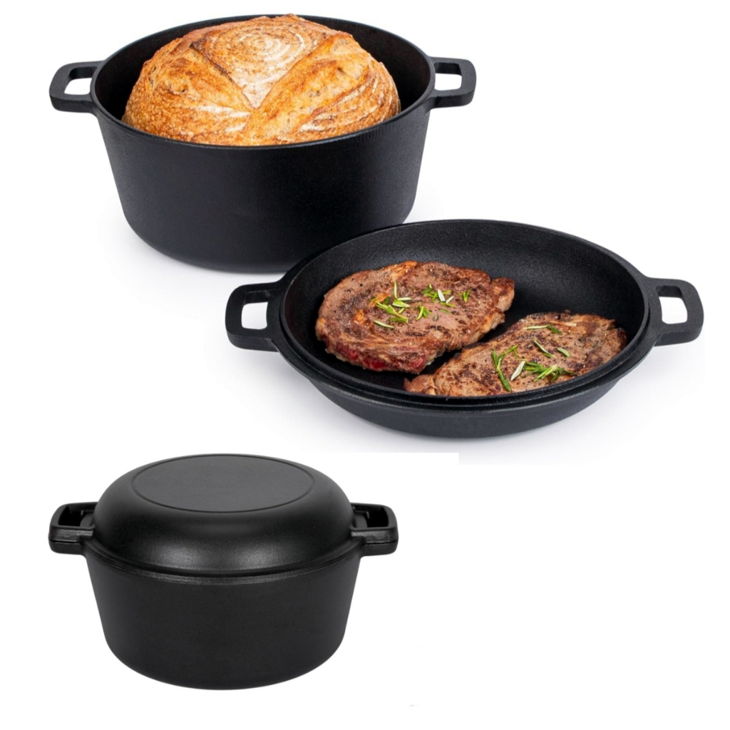 หม้อเหล็กหล่อ Cast Iron Pot with Frying Pan Double Dutch Oven and Domed Skillet with Lid 26 ซม 5L