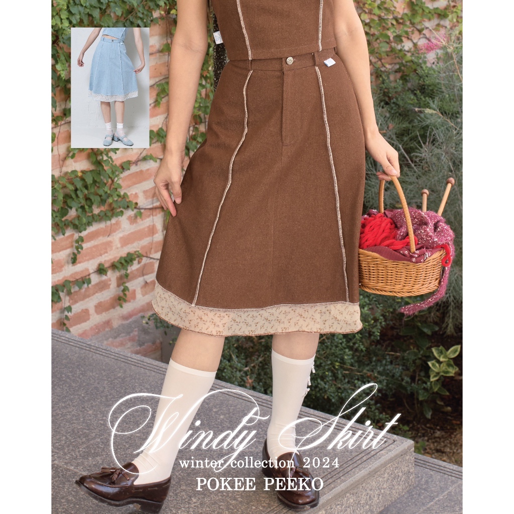 POKEE WINDY SKIRT กระโปรงยีนส์ แต่งชายดอกไม้