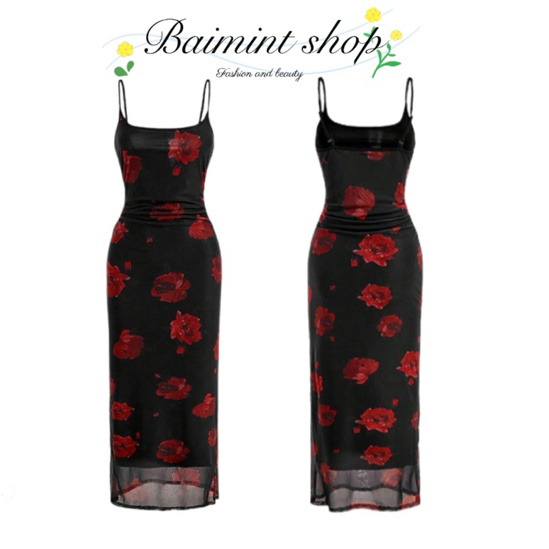 Dress เดรสสายเดี่ยวพิมพ์ลายดอกไม้ทรงเเทงค์ red flowers