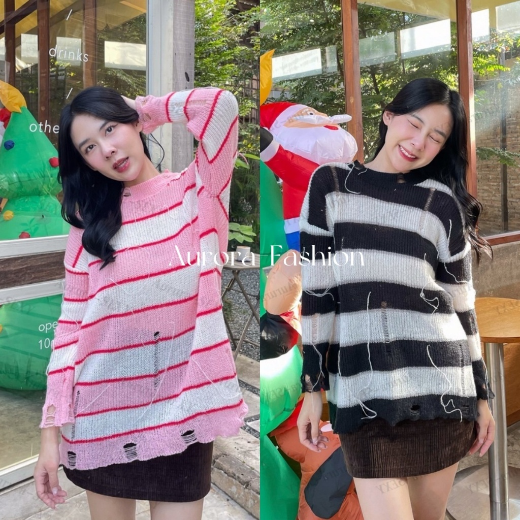 Aurora พร้อมส่ง (รูปถ่ายจากงานจริง) เสื้อแขนยาวไหมพรม ดีเทลลายทางขาดๆ แขนยาวลายหลวม