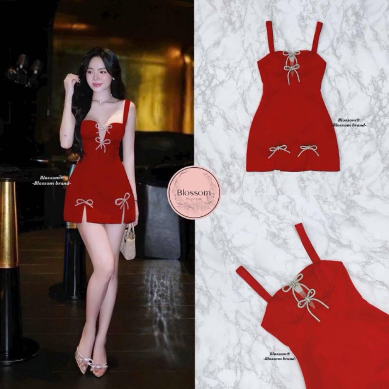Blossom ชุดเดรสสีแดง สาวๆสายปาร์ตี้ไม่ควรพลาด ใส่แล้วluxury sexyสุดๆ ด้านหน้าตกแต่งด้วยอะไหล่เข็มกลัดโบว์