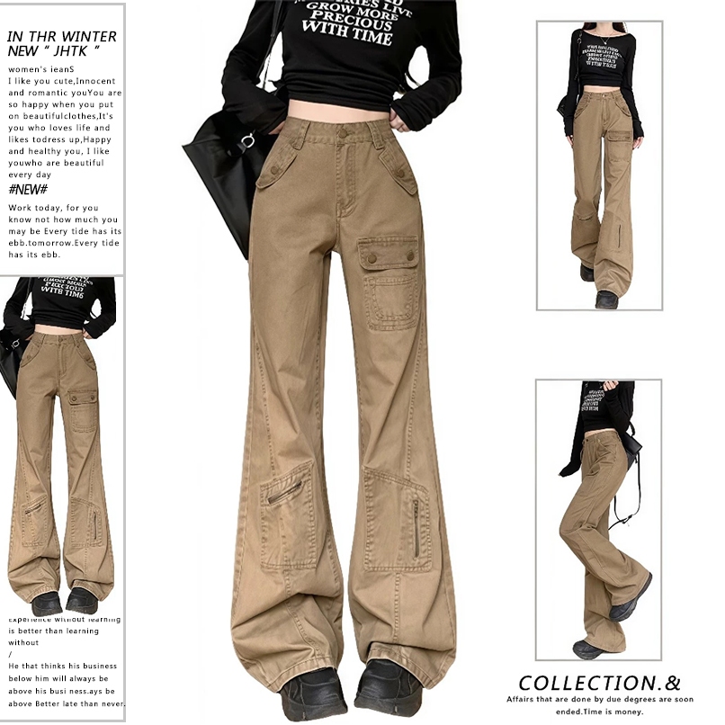 กางเกงยีนส์ทรงบูตหลายกระเป๋าสีกากีสำหรับผู้หญิง 2024 ใหม่หลวมเอวสูงหลวมอเนกประสงค์หลวมขากว้างตรง