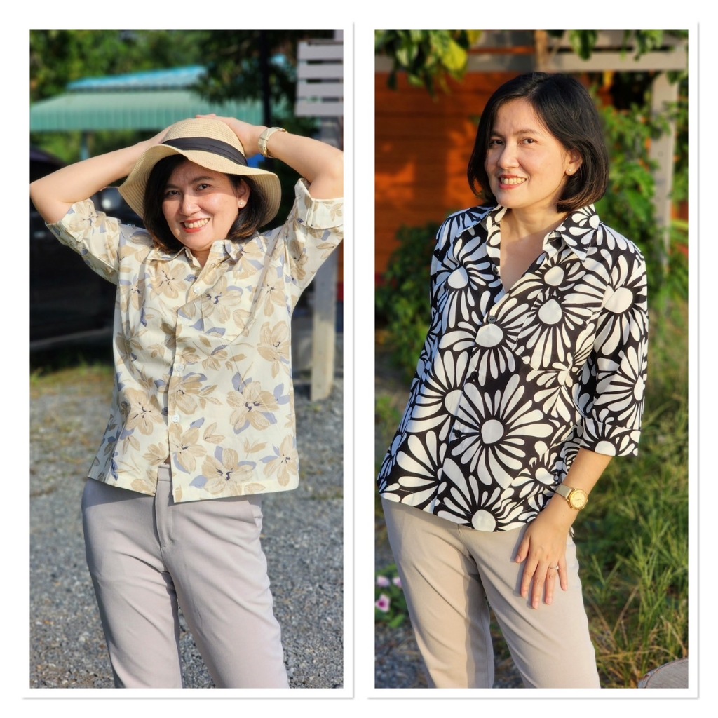 Tissara Boutique ทิศราเสื้อเชิ้ตผู้หญิง แขนสามส่วน เอวตรง ผ้าคอตตอน 100% ลายดอกสีเรียบหรู
