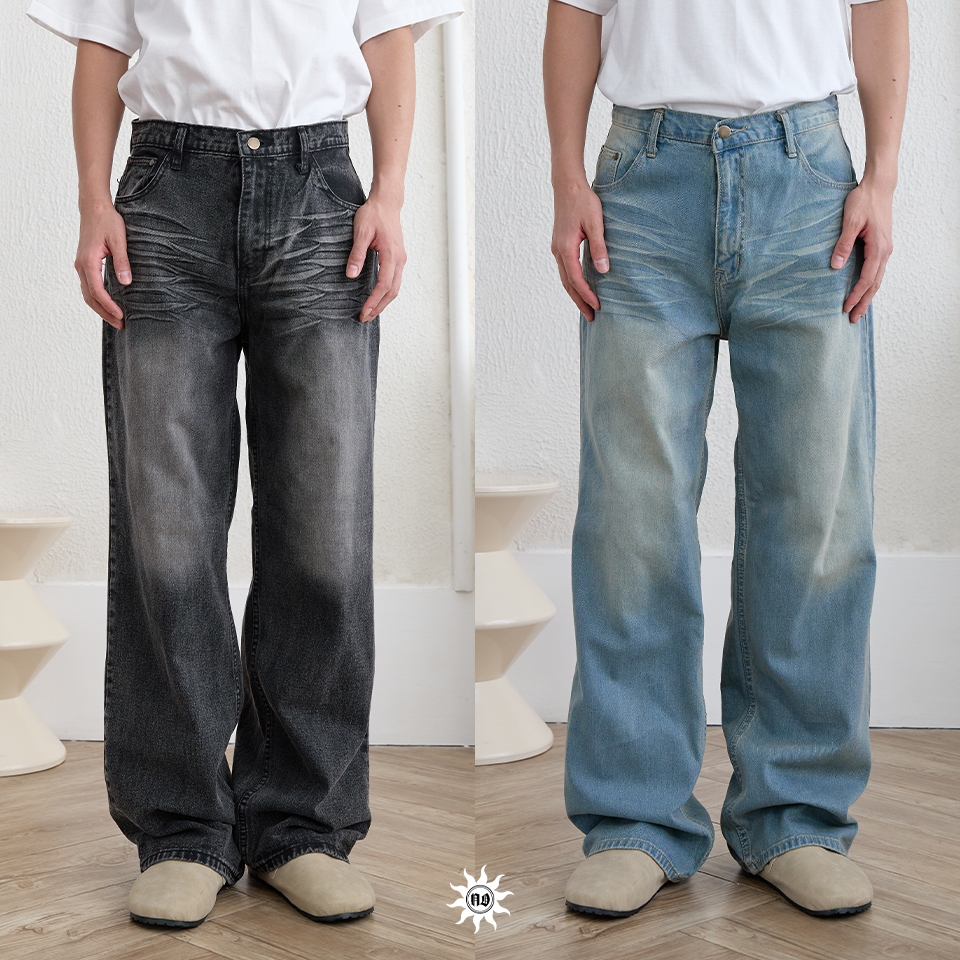 NORMAL.DAY BAGGY JEANS รุ่น WHISKERS กางเกงยีนส์ทรงกระบอกใหญ่ ทรงหลวม ผู้ชาย