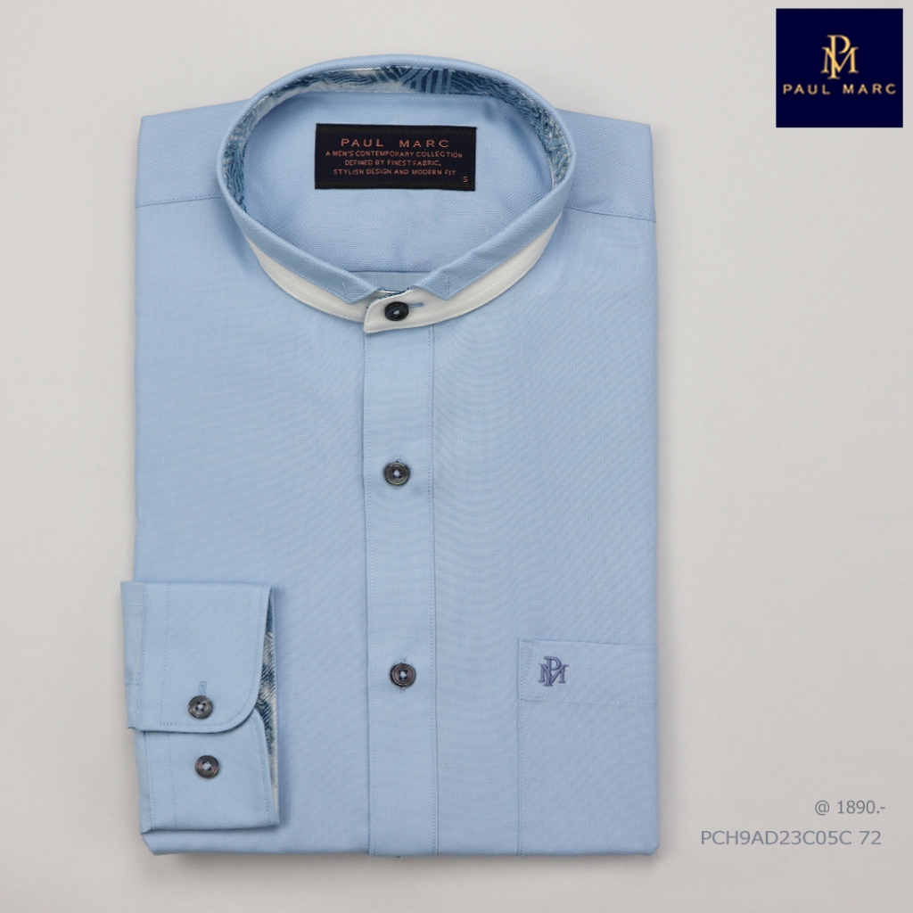 PAUL MARC เสื้อเชิ้ตแขนยาว สีฟ้า signature collar band คอจีนพร้อมผ้าแต่ง ผ้านุ่ม รีดง่าย PCH1AD2C05C