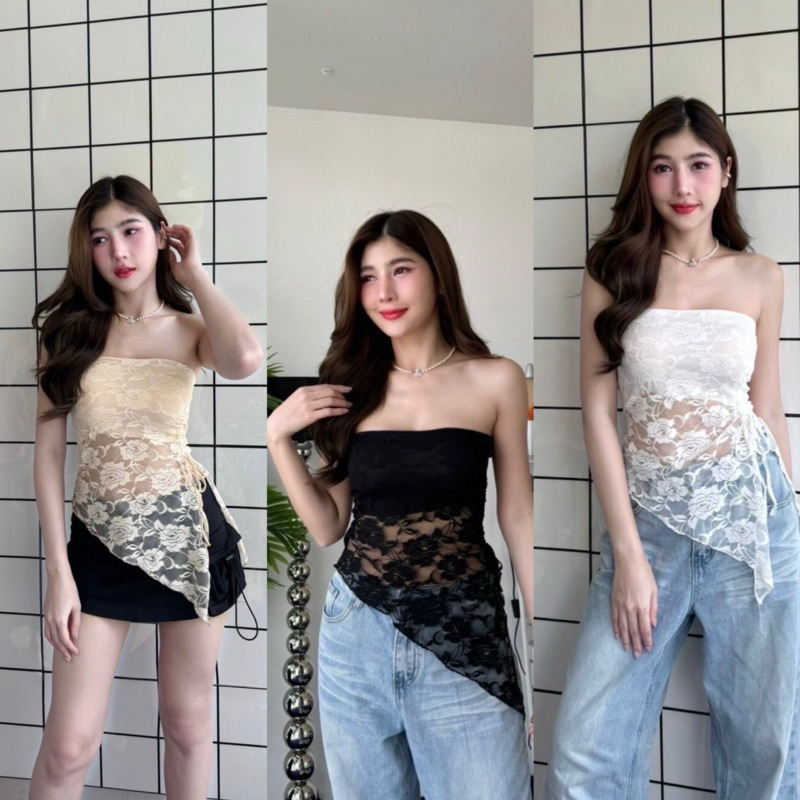 เสื้อเกาะอกลูกไม้ ชายเฉียง ดีเทลรูดข้าง ผ้ายืดตามตัว