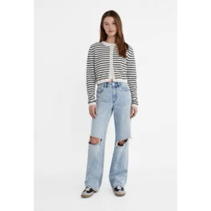 STRAIGHT WIDE Jeans กางเกงยีนส์สีฟอก เอวสูง แต่งขาดเท่ๆ