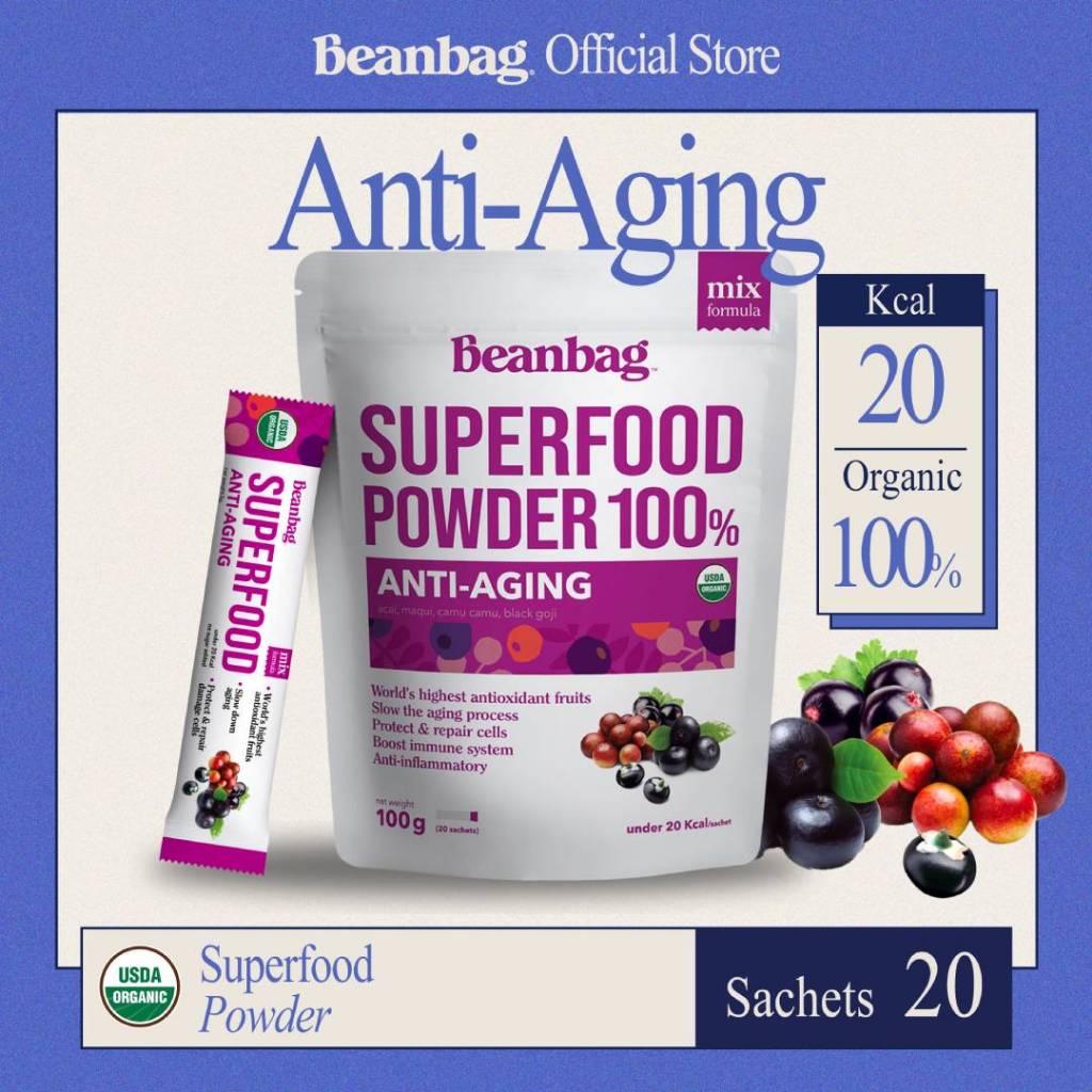 Beanbag superfood Organic Anti-Aging เครื่องดื่มซุปเปอร์ฟู้ด ผงเบอร์รี่รวม สูตรแอนไทเอจจิ้ง 100g