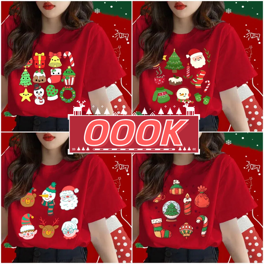 (จัดส่งตลอด 24 ชั่วโมง）OOOK Official เสื้อยืดคริสต์มาส Merry Christmas ต้นคริสต์มาส พิมพ์ลาย เสื้อครอบครัวคริสต์มาส T643