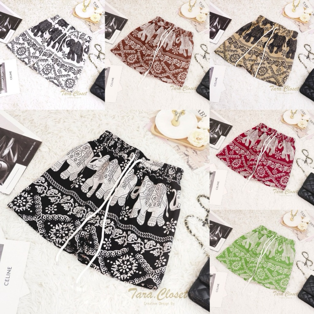 COM005 TARA Pants กางเกงช้าง ขาสั้น เอวยางยืด มีสายรูดใช้งานได้จริง  ผ้าไหมอิตาลี ไม่ขาดง่าย ผ้าดี ใส่สบาย ลายไม่กลับหัว