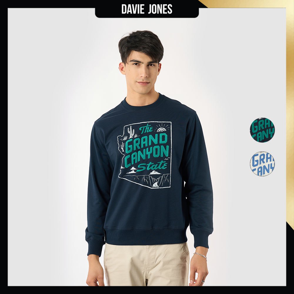 DAVIE JONES เสื้อสเวตเตอร์ พิมพ์ลาย Graphic Regular Fit Sweater SW0063 สีกรม ครีม