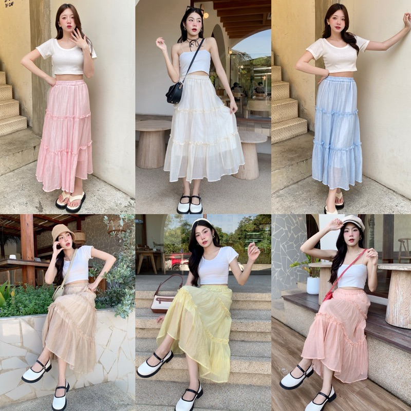 KORRA ·͜·♡กระโปรงยาวแต่งระบายชั้นๆน่ารักมากๆ🌻ใส่ไปทะเลหรือคาเฟ่📸