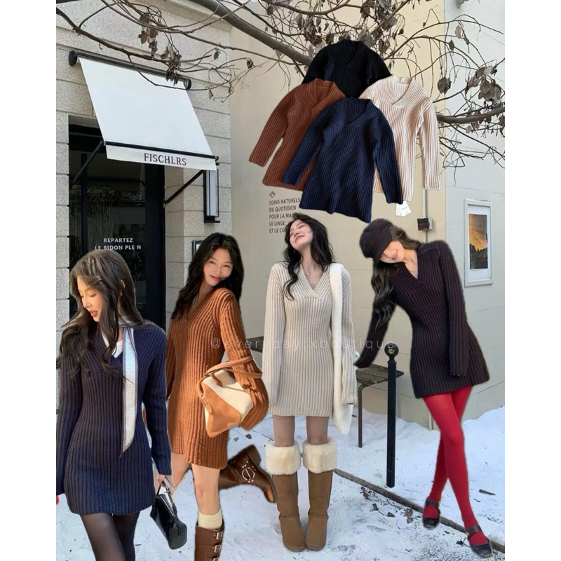 𝗖𝗟𝗔𝗥𝗔 𝗥𝗜𝗕 𝗞𝗡𝗜𝗧 𝗗𝗥𝗘𝗦𝗦 (470฿) ดรอปคอลใหม่ ไอเทมหน้าหนาว ที่ทำถึงมากก!! เดรสคอวีผ้านิตแขนยาว ผ้าหนา onseason