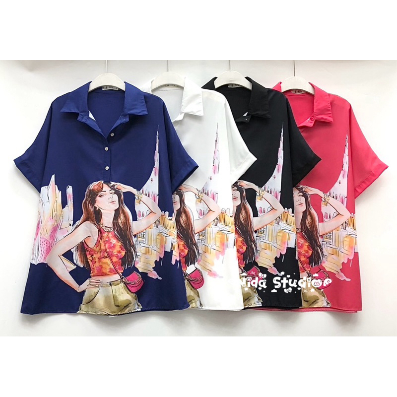 ไซด์ใหญ่ เสื้อเชิ้ตแขนสั้น คอปก คอโปโล ผ้าไหมอิตาลีพิมพ์ลายผู้หญิง ไซส์ใหญ่