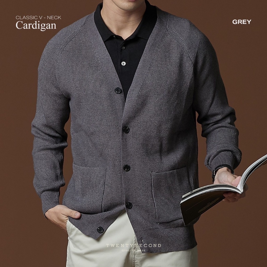 TWENTYSECOND เสื้อคาร์ดิแกนผ้าไหมพรม Knitwear รุ่น Classic V-Neck Cardigan - เทา / Grey