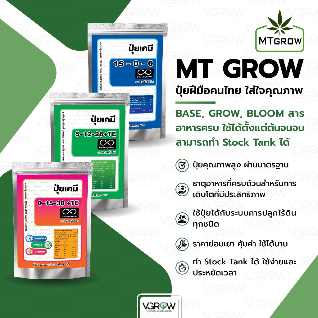 MT GROW ปุ๋ยฝีมือคนไทย ใส่ใจคุณภาพ Base Grow Bloom สารอาหารครบ ทำ Stock Tank ได้ ปุ๋ยเอ็มทีโกลว์