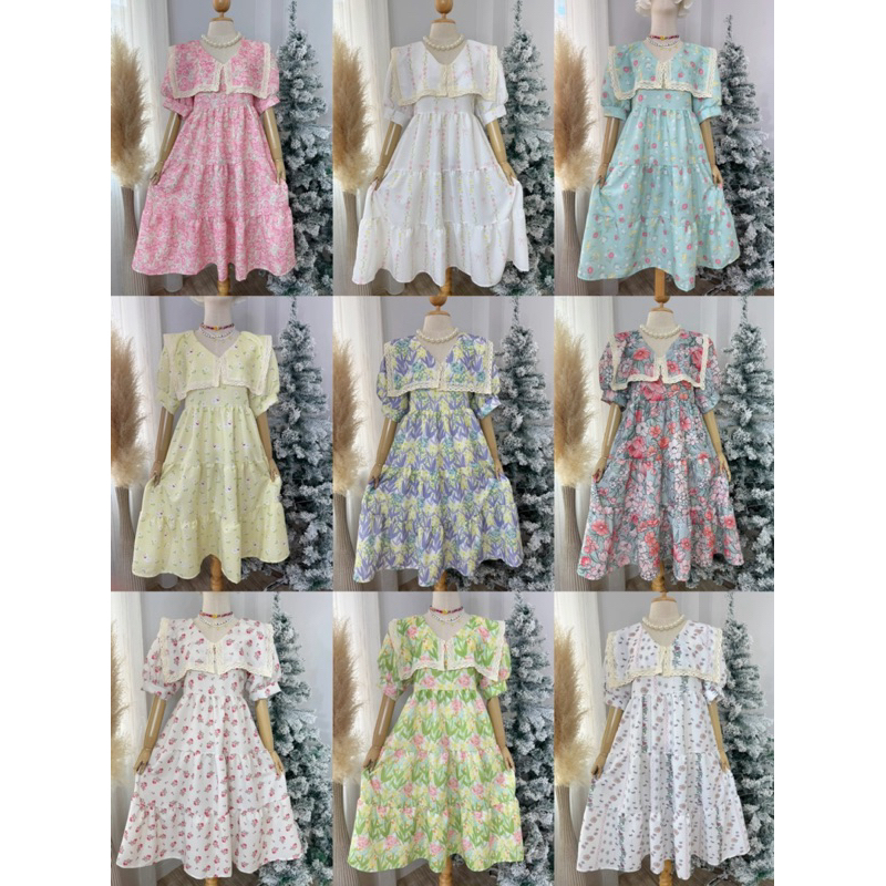 พร้อมส่ง เดรสผ้าบับเบิ้ลพิมพ์ลายน่ารักๆ แต่งปกเหลี่ยมด้วยลูกไม้ งานสวยหวานมากๆจ้า