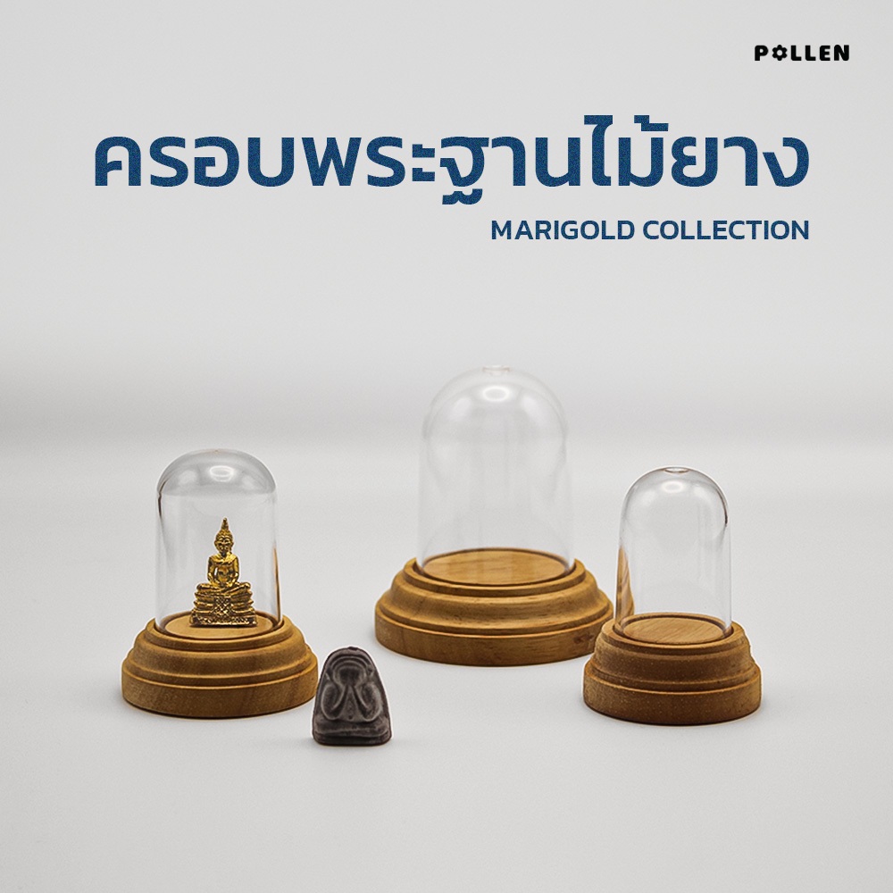 Pollen_collection ครอบพระฐานไม้  รุ่นฐานกลมไม้ยาง ครอบอะคริลิคใส (Marigold collection)