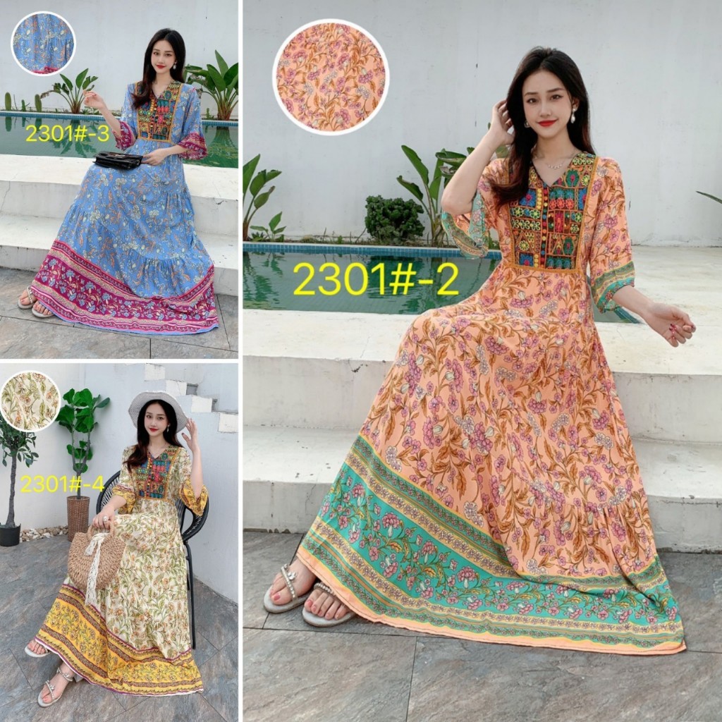 เดรส กระโปรงยาว สตล์โบฮีเมี่ยน ฟรีไซด์อก32-42 ยาว47 นิ้ว อวบอ้วนใส่ได้ ผ้าสปัน มียางยืดเชือกผูกปรับขนาดได้  ส่งจากไทย