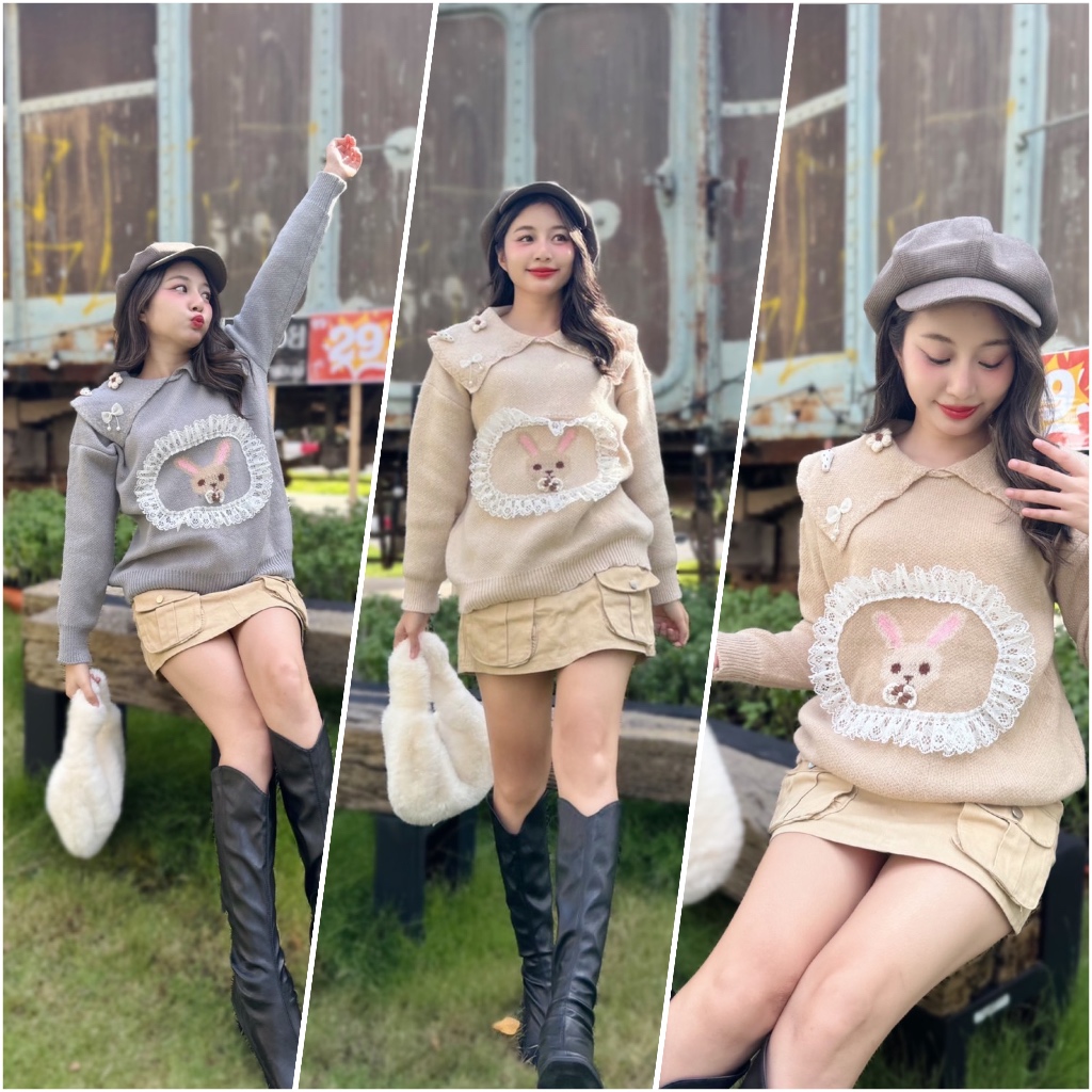 Skytadress เสื้อกันหนาวลายกระต่าย แต่งลูกไม้ 3สีพร้อมส่ง
