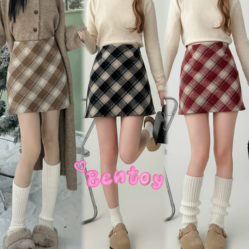 Bentoy(27038)กระโปรงทรงเอลายสก็อต เอวสูง ผ้าขนๆ ใส่สบาย สไตล์หน้าหนาว