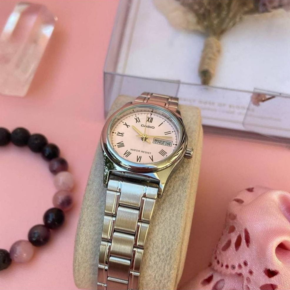 CASIO LTP-V006D หน้าปัด25มม. นาฬิกาหญิง สายสแตนเลส กันน้ำ แสดงวันที่-สัปดาห์ คาสิโอแท้ รับประกันศูนย์1ปี