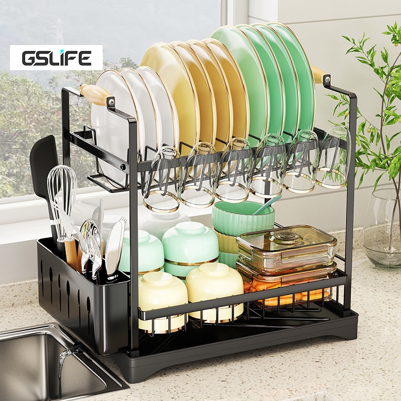 GSlife【ไม่ต้องติดตั้ง】ขั้นวางจาน ที่คว่ำจาน 2ชั้น พร้อมถาดรองน้ำ ชั้นวางของในครัว