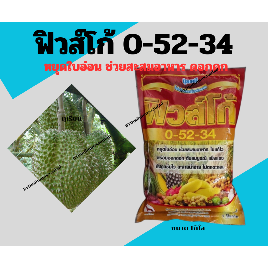 ปุ๋ยเกล็ดฟิวส์โก้ สูตร0-52-34  ขนาด1กิโล  ปุ๋ยเกล็ดทางใบฉีดพ่นเพื่อ กดใบ หยุดกการแตกใบอ่อน  สะสมอาหารให้พืช เร่งดอก