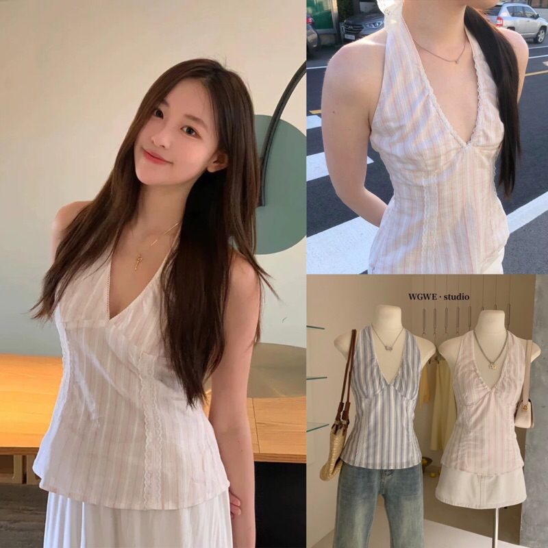 เสื้อคล้องคอลายริ้วหลังสมอคผูกโบว์รุ่น 3055 TAG:WG.WE
