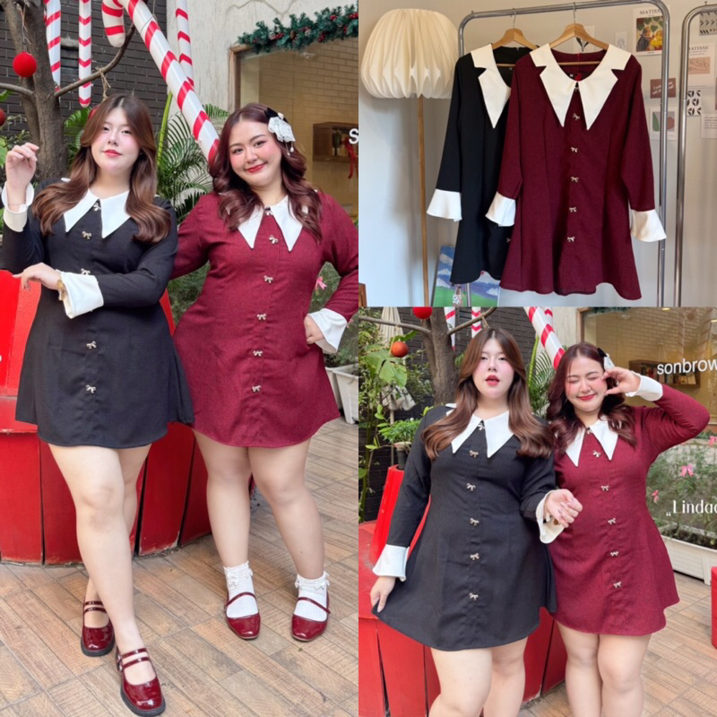 Vissy Dress เดรสผ้าทอปกแหลมกระดุมโบว์แขนยาว สวยดูแพง ใส่ทำงานทางการ สาวอวบไซส์ใหญ่ (มีไซส์อก-50)
