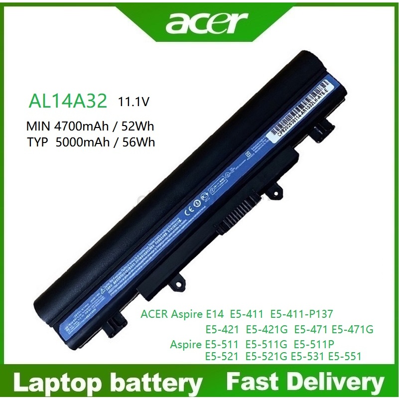 ☸ACER แบตเตอรี่แล็ปท็อป AL14A32 เข้ากันได้ E5-411 E5-421G E5-431 E5-471 E5-511 E5-521 E5-531G E5-571