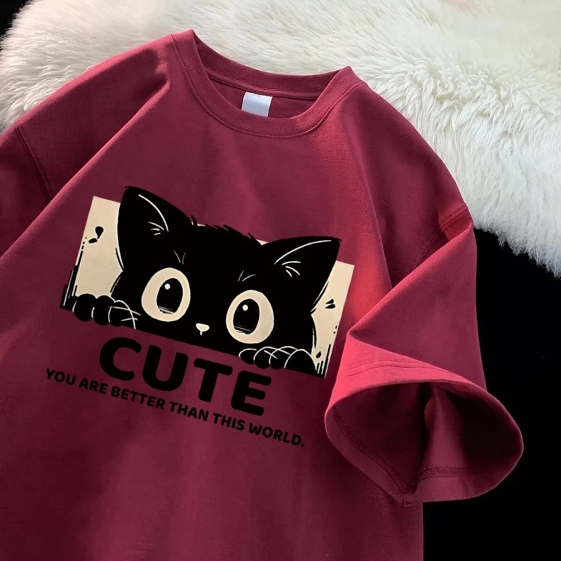 Top.street เสื้อยืดฟอก oversize cute cat เสื้อลายแมว โอเวอร์ไซซ์ สีดําเข้ม สไตล์ฮิปฮอป เรโทร unisex แฟชั่น สไตล์เกาหลี