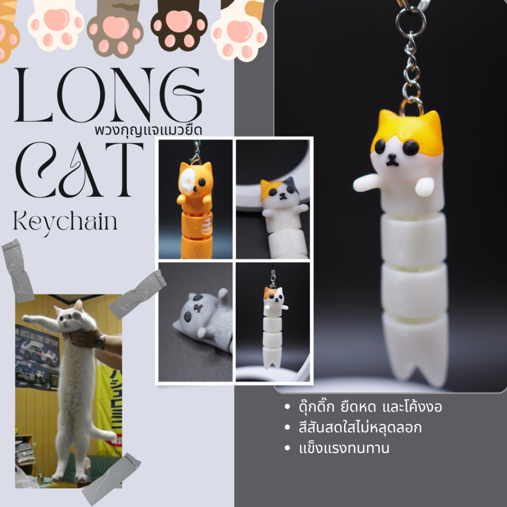 พวงกุญแจแมวยืด ดุ๊กดิ๊กได้ แมวมีม (Longcat Keychain) 3D Printing วัสดุ PLA