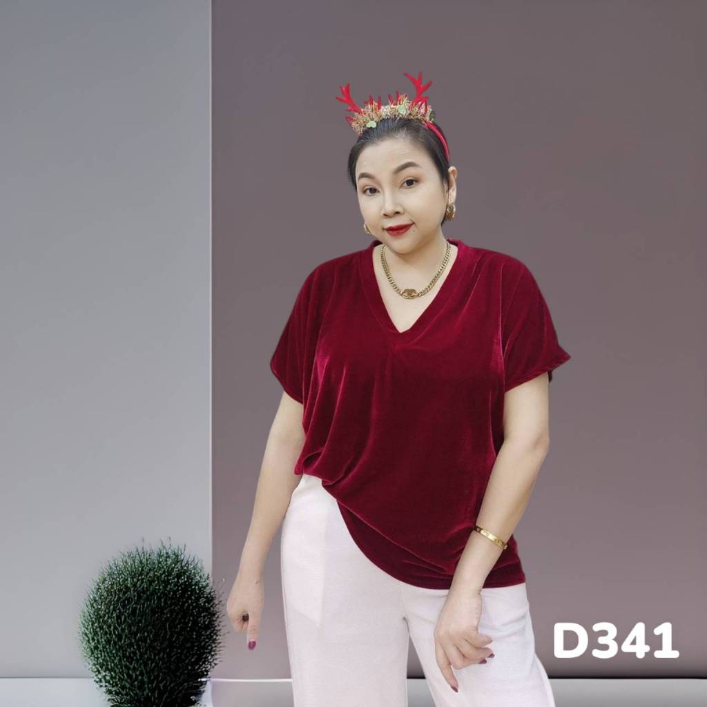 D341 New เสื้อคอวีแขนสั้น ผ้ากำมะหยี่ สินค้ามาใหม่ ขายดี มี 2 ไซส์ ผู้หญิง Clothing Women