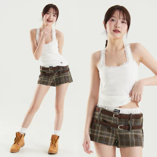 (พร้อมส่ง)Bemingshorts029(XS-4XL) - Belted check กางเกงขาสั้นลายสก๊อตสุดชิค มาพร้อมดีเทลสายเข็มขัด 2 ชั้น