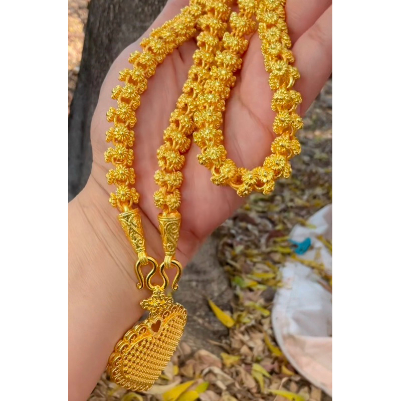 สร้อยคอทองหุ้มลายดอกพิกุลหัวจรวดจี้หัวใจพิกุลสาน5บงานสวยอลังฟรีตะขอตลับ
