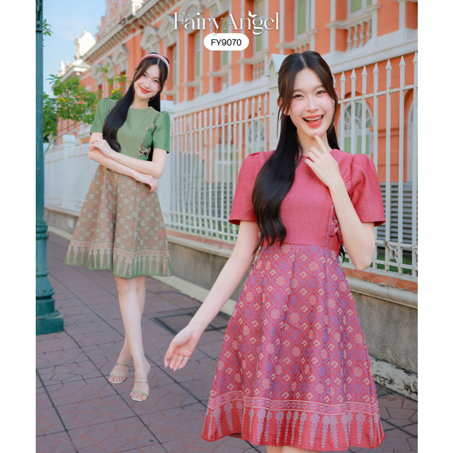 Fairyangelstore - เดรสผ้าไทยลายตะขอทรงบาน (FY9070)