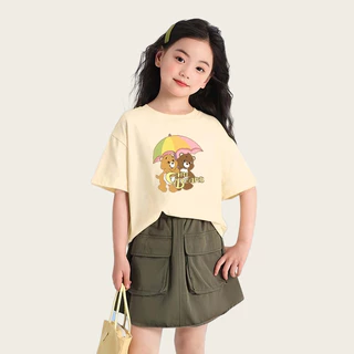 1-12ปี เสื้อยืดเด็กผู้หญิง ลายการ์ตูน เสื้อผ้าสาวๆ ผ้าฝ้ายแท้ แขนสั้น 4 สี เสื้อยืดแขนสั้นเด็กสไตส์เกาหลี