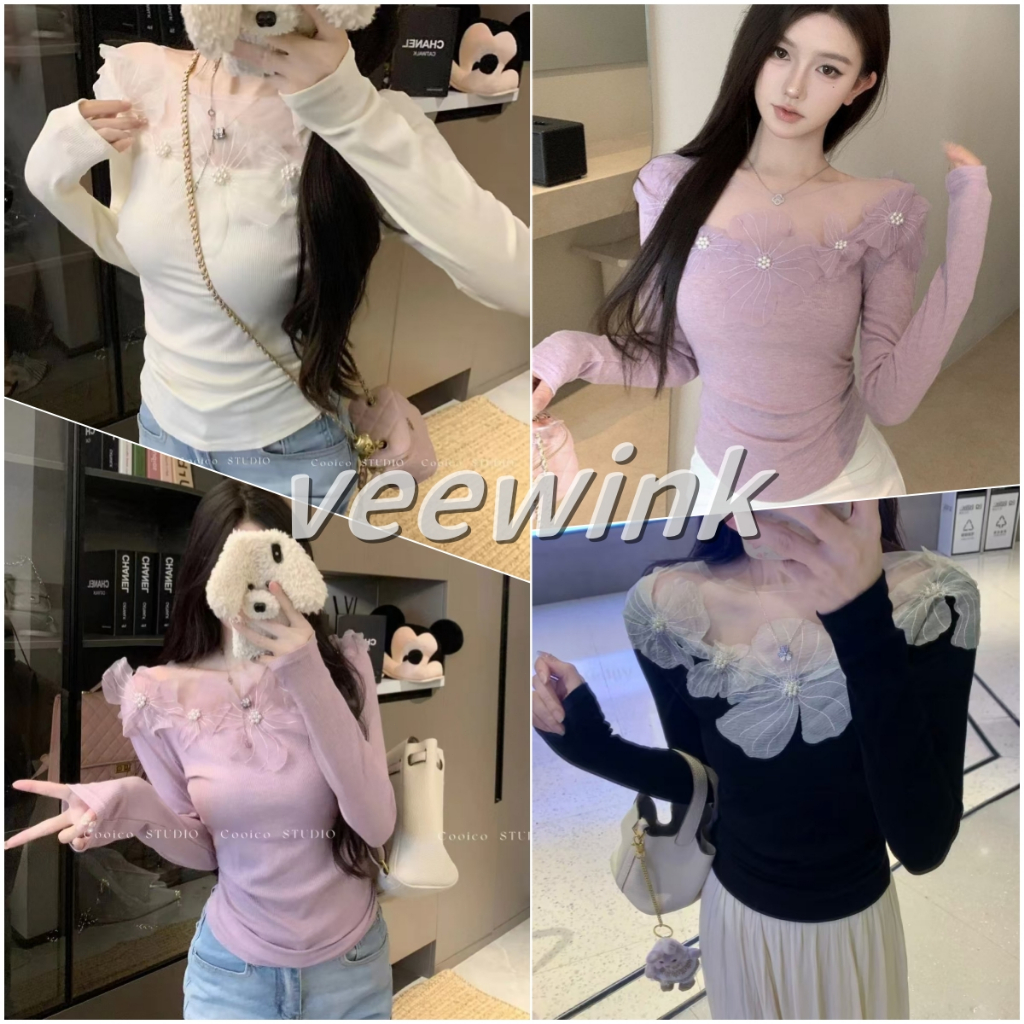 Veewink พร้อมส่งจากกทม เสื้อปาดไหล่เเขนยาว เสื้อปาดไหล่ เสื้อเเขนยาวปาดไหล่ ดีไซน์ดอกไม้ลูกไม้ฝรั่งเศส