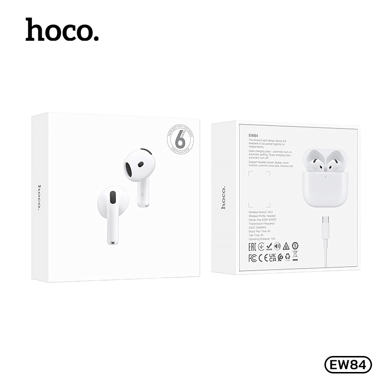 หูฟังบลูทูธไร้สาย BT5.4 พร้อมกล่องแบบชาร์จไฟได้  ใช้งานนาน 6ชม. ความจุ 300mAh HOCO EW84
