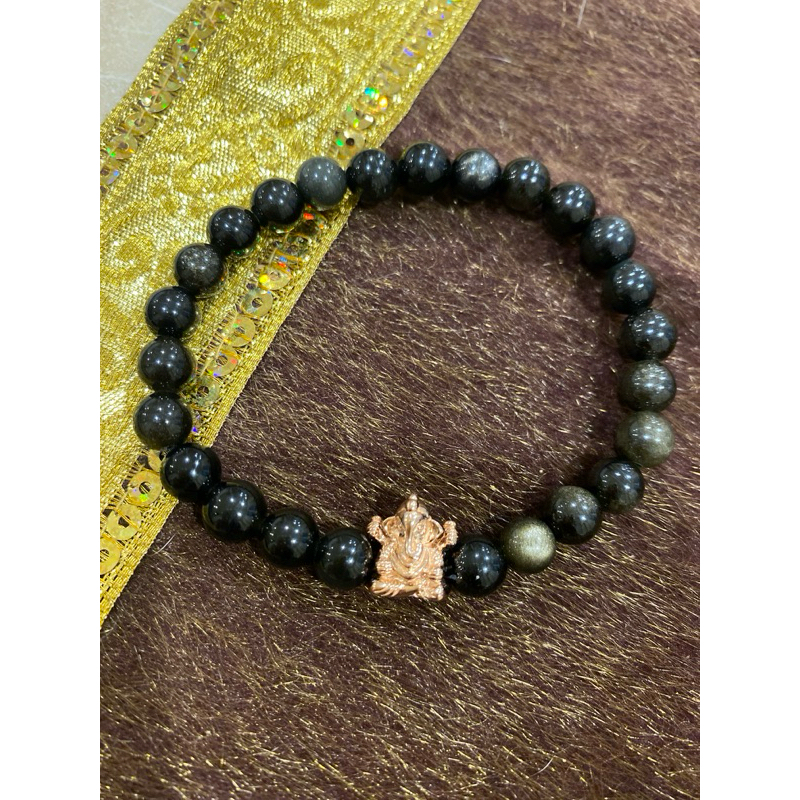 สร้อยข้อมือ Obsidian พร้อมชาร์มพระพิฆเนศเงินแท้ 92.5% Silver ชุบPink Gold