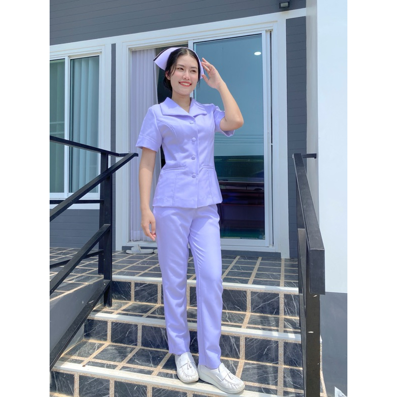 DD-UNIFORM ชุดพยาบาลสำเร็จรูปครบชุด เสื้อปกปีกนก+กางเกง ผ้าสีขาวโอโม่