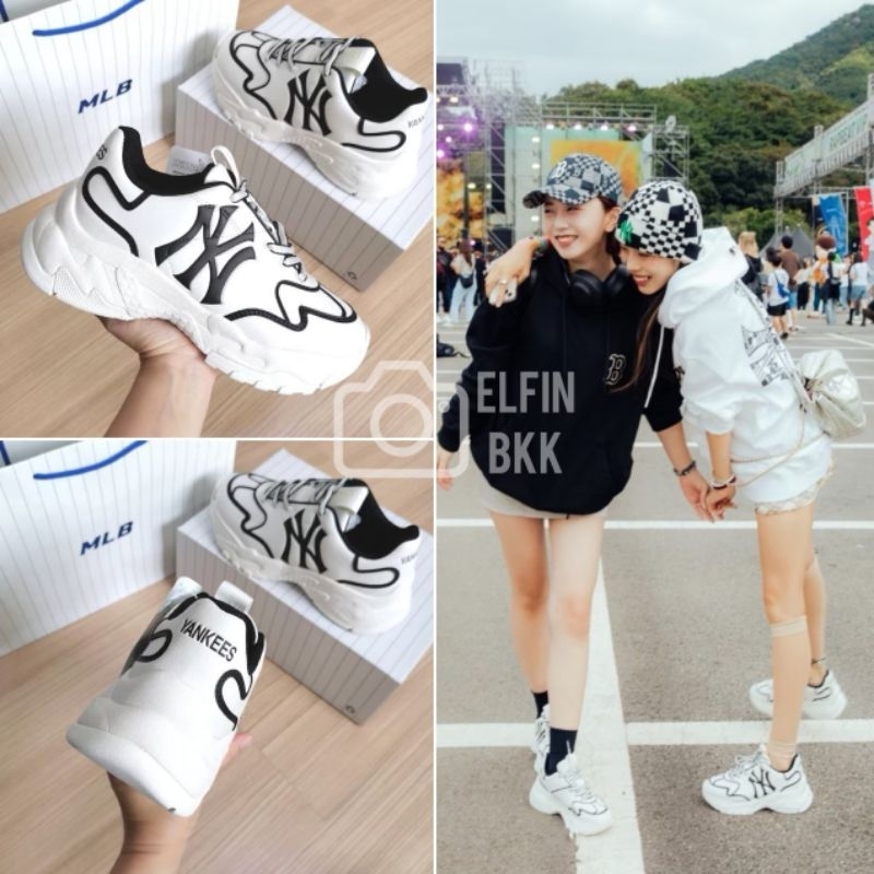 แท้ 💯 MLB Bigball Chunky Window Saffiano MEGA Yankees Boston NY รองเท้าผ้าใบ รองเท้าเสริมส้น สีขาว ส