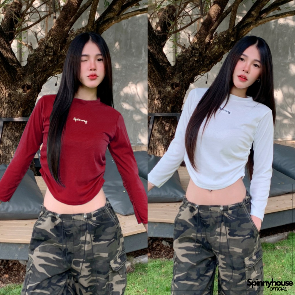 🌈SpinnyHouse🌈เสื้อยืดแต่งจั๊มเอว แขนยาว ผ้าร่องญี่ปุ่นยืดเยอะ ใส่แล้วดูผอม 🌸 ปักโลโก้น่ารัก  รุ่น ร่องยาวปัก